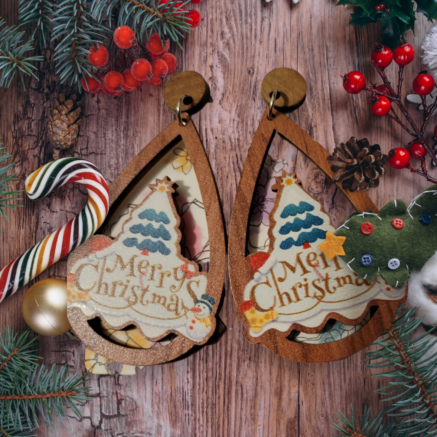 Wooden christmas earrings