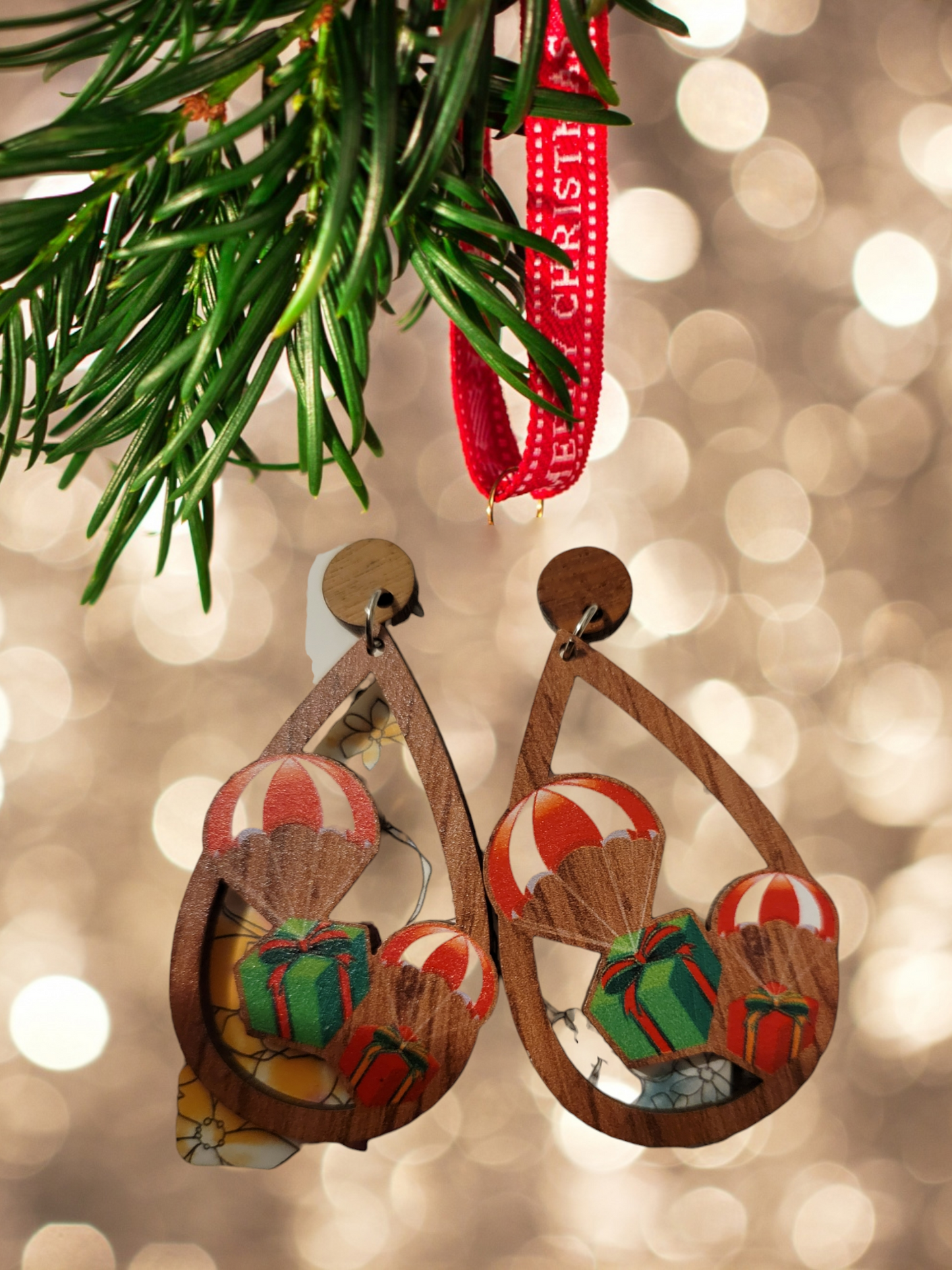 Wooden christmas earrings